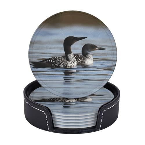 Getränkeuntersetzer mit Halter, Leder-Untersetzer für Getränke, Loon, Vögel, Tischschutz, Tassenmatte, Heimdekoration, Kaffeetassenmatte für Küche, Esszimmer, Couchtisch, 6 Stück Getränkeuntersetzer mit Halter, Leder-Untersetzer für Getränke, Loon, Vögel, Tischschutz, Tassenmatte, Heimdekoration, Kaffeetassenmatte für Küche, Esszimmer, Couchtisch, 6 Stück von TOXOCMDKLE