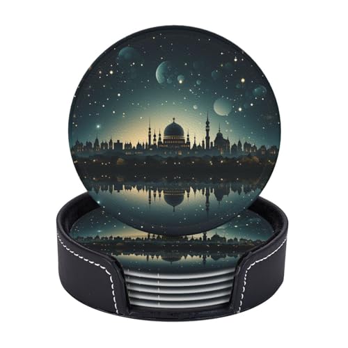 Getränkeuntersetzer mit Halter, Leder-Untersetzer für Getränke, Moschee mit Mond und Sternen, Tischschutz, Tassenmatte, Heimdekoration, Kaffeetassenmatte für Küche, Esszimmer, Couchtisch, 6 Stück Getränkeuntersetzer mit Halter, Leder-Untersetzer für Getränke, Moschee mit Mond und Sternen, Tischschutz, Tassenmatte, Heimdekoration, Kaffeetassenmatte für Küche, Esszimmer, Couchtisch, 6 Stück von TOXOCMDKLE