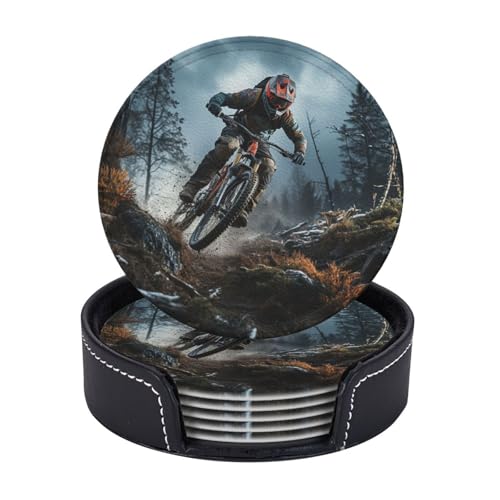Getränkeuntersetzer mit Halter, Leder-Untersetzer für Getränke, Mountainbike, Turnier, Tischschutz, Tassenmatte, Heimdekoration, Kaffeetassenmatte für Küche, Esszimmer, Couchtisch, 6 Stück von TOXOCMDKLE