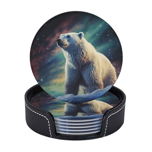 Getränkeuntersetzer mit Halter, Leder-Untersetzer für Getränke, Nordlichter, Eisbär-Untersetzer, Tischschutz, Tassenmatte, Heimdekoration, Kaffeetassenmatte für Küche, Esszimmer, Couchtisch, 6 Stück Getränkeuntersetzer mit Halter, Leder-Untersetzer für Getränke, Nordlichter, Eisbär-Untersetzer, Tischschutz, Tassenmatte, Heimdekoration, Kaffeetassenmatte für Küche, Esszimmer, Couchtisch, 6 Stück von TOXOCMDKLE