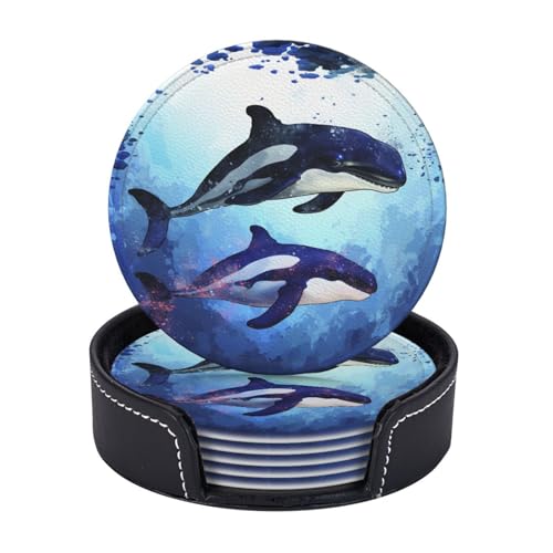 Getränkeuntersetzer mit Halter, Leder-Untersetzer für Getränke, Orca-Killer-Wal-Untersetzer, Tischschutz, Tassenmatte, Heimdekoration, Kaffeetassenmatte für Küche, Esszimmer, Couchtisch, 6 Stück von TOXOCMDKLE