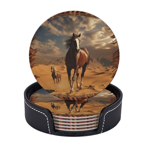 Getränkeuntersetzer mit Halter, Leder-Untersetzer für Getränke, Pferd in Wüste, Untersetzer, Tischschutz, Tassenmatte, Heimdekoration, Kaffeetassenmatte für Küche, Esszimmer, Couchtisch, 6 Stück Getränkeuntersetzer mit Halter, Leder-Untersetzer für Getränke, Pferd in Wüste, Untersetzer, Tischschutz, Tassenmatte, Heimdekoration, Kaffeetassenmatte für Küche, Esszimmer, Couchtisch, 6 Stück von TOXOCMDKLE