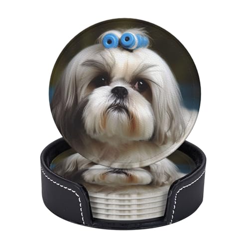 Getränkeuntersetzer mit Halter, Leder-Untersetzer für Getränke, Shih Tzu Hund, Tischschutz, Tassenmatte, Heimdekoration, Kaffeetassenmatte für Küche, Esszimmer, Couchtisch, 6 Stück Getränkeuntersetzer mit Halter, Leder-Untersetzer für Getränke, Shih Tzu Hund, Tischschutz, Tassenmatte, Heimdekoration, Kaffeetassenmatte für Küche, Esszimmer, Couchtisch, 6 Stück von TOXOCMDKLE