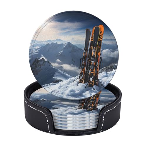 Getränkeuntersetzer mit Halter, Leder-Untersetzer für Getränke, Skier auf Berg, Tischschutz, Tassenmatte, Heimdekoration, Kaffeetassenmatte für Küche, Esszimmer, Couchtisch, 6 Stück von TOXOCMDKLE