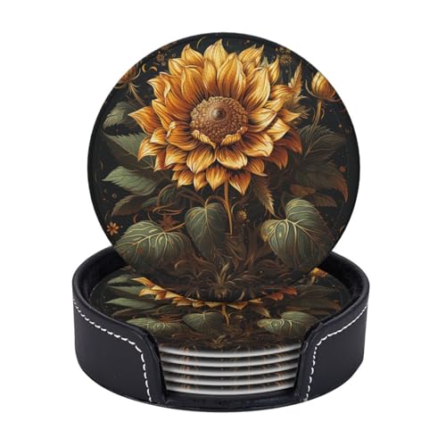 Getränkeuntersetzer mit Halter, Leder-Untersetzer für Getränke, Sonnenblume auf schwarzem Hintergrund, Untersetzer, Tischschutz, Tassenmatte, Heimdekoration, Kaffeetassenmatte für Küche, Esszimmer von TOXOCMDKLE