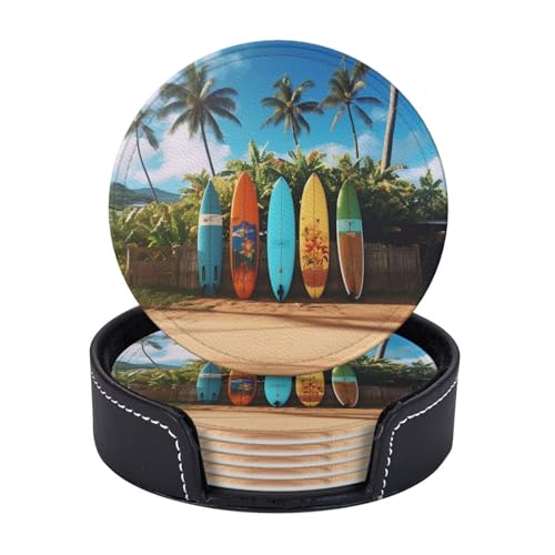 Getränkeuntersetzer mit Halter, Leder-Untersetzer für Getränke, Surfbrett-Untersetzer, Tischschutz, Tassenmatte, Heimdekoration, Kaffeetassenmatte für Küche, Esszimmer, Couchtisch, 6 Stück von TOXOCMDKLE