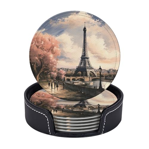 Getränkeuntersetzer mit Halter, Leder-Untersetzer für Getränke, Vintage-Stil, Eiffelturm, Paris, Untersetzer, Tischschutz, Tassenmatte, Heimdekoration, Kaffeetassenmatte für Küche, Esszimmer Getränkeuntersetzer mit Halter, Leder-Untersetzer für Getränke, Vintage-Stil, Eiffelturm, Paris, Untersetzer, Tischschutz, Tassenmatte, Heimdekoration, Kaffeetassenmatte für Küche, Esszimmer von TOXOCMDKLE