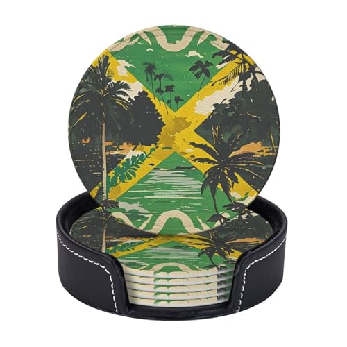 Getränkeuntersetzer mit Halter, Leder-Untersetzer für Getränke, Vintage-Stil, jamaikanische Flagge, Untersetzer, Tischschutz, Tassenmatte, Heimdekoration, Kaffeetassenmatte für Küche, Esszimmer Getränkeuntersetzer mit Halter, Leder-Untersetzer für Getränke, Vintage-Stil, jamaikanische Flagge, Untersetzer, Tischschutz, Tassenmatte, Heimdekoration, Kaffeetassenmatte für Küche, Esszimmer von TOXOCMDKLE