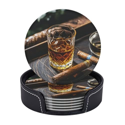Getränkeuntersetzer mit Halter, Leder-Untersetzer für Getränke, Whisky und Zigarren, Tischschutz, Tassenmatte, Heimdekoration, Kaffeetassenmatte für Küche, Esszimmer, Couchtisch, 6 Stück von TOXOCMDKLE