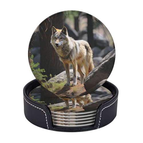 Getränkeuntersetzer mit Halter, Leder-Untersetzer für Getränke, Wildtiere, Wolf, Tischschutz, Tassenmatte, Heimdekoration, Kaffeetassenmatte für Küche, Esszimmer, Couchtisch, 6 Stück von TOXOCMDKLE