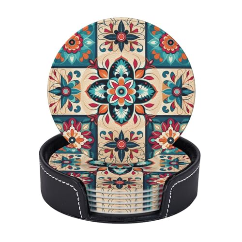 Getränkeuntersetzer mit Halter, Leder-Untersetzer für Getränke, arabisch, indisches Karomuster, Tischschutz, Tassenmatte, Heimdekoration, Kaffeetassenmatte für Küche, Esszimmer, Couchtisch, 6 Stück von TOXOCMDKLE