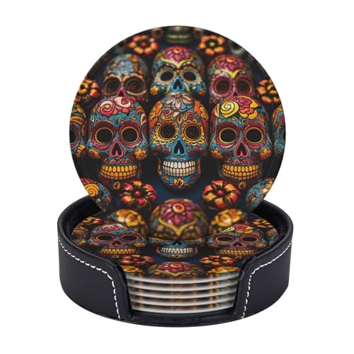 Getränkeuntersetzer mit Halter, Leder-Untersetzer für Getränke, bunte Zuckerschädel, Tischschutz, Tassenmatte, Heimdekoration, Kaffeetassenmatte für Küche, Esszimmer, Couchtisch, 6 Stück von TOXOCMDKLE