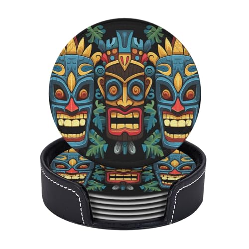 Getränkeuntersetzer mit Halter, Leder-Untersetzer für Getränke, buntes Tiki-Masken-Muster, Tischschutz, Tassenmatte, Heimdekoration, Kaffeetassenmatte für Küche, Esszimmer, Couchtisch, 6 Stück Getränkeuntersetzer mit Halter, Leder-Untersetzer für Getränke, buntes Tiki-Masken-Muster, Tischschutz, Tassenmatte, Heimdekoration, Kaffeetassenmatte für Küche, Esszimmer, Couchtisch, 6 Stück von TOXOCMDKLE
