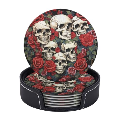 Getränkeuntersetzer mit Halter, Leder-Untersetzer für Getränke, cooler Totenkopf- und Rosenuntersetzer, Tischschutz, Tassenmatte, Heimdekoration, Kaffeetassenmatte für Küche, Esszimmer, Couchtisch, 6 Getränkeuntersetzer mit Halter, Leder-Untersetzer für Getränke, cooler Totenkopf- und Rosenuntersetzer, Tischschutz, Tassenmatte, Heimdekoration, Kaffeetassenmatte für Küche, Esszimmer, Couchtisch, 6 von TOXOCMDKLE