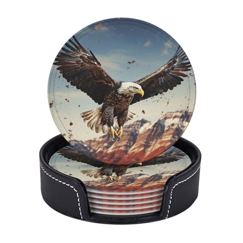 Getränkeuntersetzer mit Halter, Leder-Untersetzer für Getränke, ein Adler fliegt über Untersetzer, Tischschutz, Tassenmatte, Heimdekoration, Kaffeetassenmatte für Küche, Esszimmer, Couchtisch, 6 Stück von TOXOCMDKLE