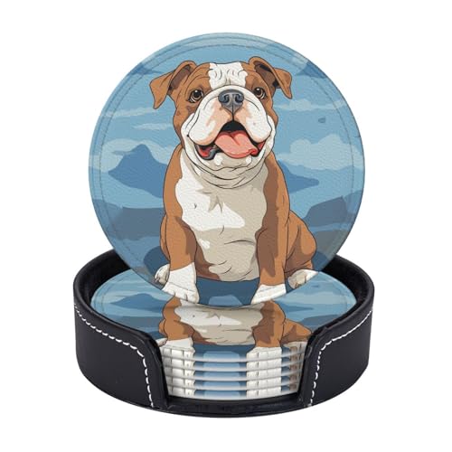 Getränkeuntersetzer mit Halter, Leder-Untersetzer für Getränke, englische Bulldogge, nahtlose Illustration, Untersetzer, Tischschutz, Tassenmatte, Heimdekoration, Kaffeetassenmatte für Küche von TOXOCMDKLE