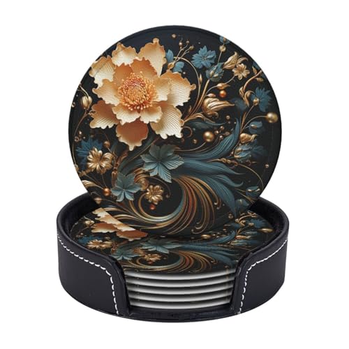 Getränkeuntersetzer mit Halter, Leder-Untersetzer für Getränke, goldene Blumen auf schwarzen Untersetzern, Tischschutz, Tassenmatte, Heimdekoration, Kaffeetassenmatte für Küche, Esszimmer, Couchtisch von TOXOCMDKLE
