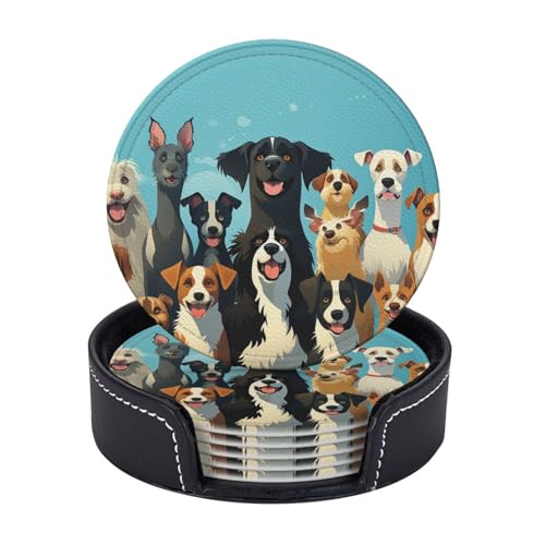 Getränkeuntersetzer mit Halter, Leder-Untersetzer für Getränke, große Gruppe von Hunden, Tischschutz, Tassenmatte, Heimdekoration, Kaffeetassenmatte für Küche, Esszimmer, Couchtisch, 6 Stück von TOXOCMDKLE