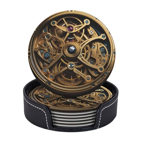 Getränkeuntersetzer mit Halter, Leder-Untersetzer für Getränke, kühl, Steampunk-Getriebe, Untersetzer, Tischschutz, Tassenmatte, Heimdekoration, Kaffeetassenmatte für Küche, Esszimmer, Couchtisch, 6 von TOXOCMDKLE