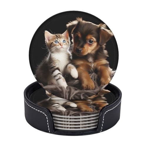 Getränkeuntersetzer mit Halter, Leder-Untersetzer für Getränke, niedliche Katzen und Hunde, Spieluntersetzer, Tischschutz, Tassenmatte, Heimdekoration, Kaffeetassenmatte für Küche, Esszimmer von TOXOCMDKLE