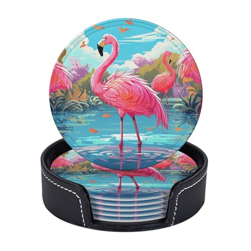 Getränkeuntersetzer mit Halter, Leder-Untersetzer für Getränke, rosa Flamingo, Vogel, Tischschutz, Tassenmatte, Heimdekoration, Kaffeetassenmatte für Küche, Esszimmer, Couchtisch, 6 Stück von TOXOCMDKLE