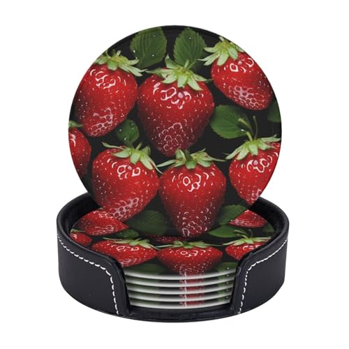 Getränkeuntersetzer mit Halter, Leder-Untersetzer für Getränke, rote Erdbeere, Tischschutz, Tassenmatte, Heimdekoration, Kaffeetassenmatte für Küche, Esszimmer, Couchtisch, 6 Stück von TOXOCMDKLE