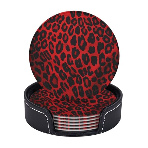 Getränkeuntersetzer mit Halter, Leder-Untersetzer für Getränke, rotes Leopardenmuster, Tischschutz, Tassenmatte, Heimdekoration, Kaffeetassenmatte für Küche, Esszimmer, Couchtisch, 6 Stück von TOXOCMDKLE
