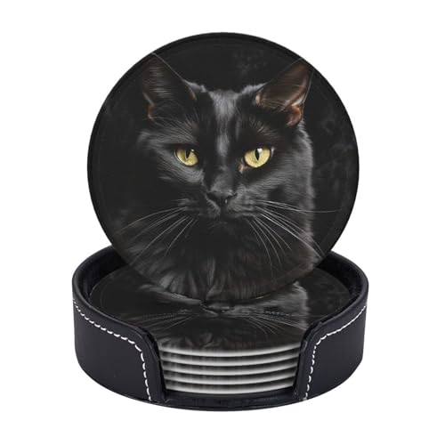 Getränkeuntersetzer mit Halter, Leder-Untersetzer für Getränke, schwarze Katze auf schwarzem Hintergrund, Tischschutz, Tassenmatte, Heimdekoration, Kaffeetassenmatte für Küche, Esszimmer, Couchtisch von TOXOCMDKLE