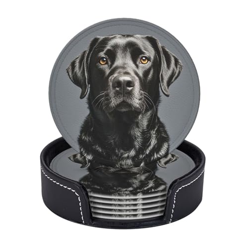 Getränkeuntersetzer mit Halter, Leder-Untersetzer für Getränke, schwarzer Labrador, Tischschutz, Tassenmatte, Heimdekoration, Kaffeetassenmatte für Küche, Esszimmer, Couchtisch, 6 Stück von TOXOCMDKLE