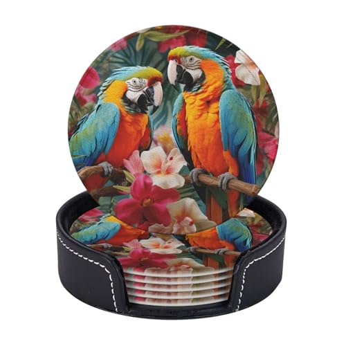 Getränkeuntersetzer mit Halter, Leder-Untersetzer für Getränke, tropische Pflanzen und Papageien, Tischschutz, Tassenmatte, Heimdekoration, Kaffeetassenmatte für Küche, Esszimmer, Couchtisch, 6 Stück Getränkeuntersetzer mit Halter, Leder-Untersetzer für Getränke, tropische Pflanzen und Papageien, Tischschutz, Tassenmatte, Heimdekoration, Kaffeetassenmatte für Küche, Esszimmer, Couchtisch, 6 Stück von TOXOCMDKLE