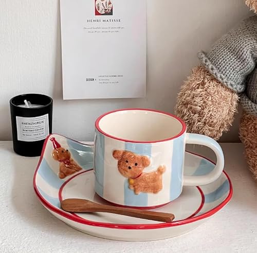 TOXVEK Niedliche Handbemalte Welpen-Keramikbecher, Kaffeetasse Und Untertasse, Wasserbecher Und Teller-Set, 300 Ml von TOXVEK