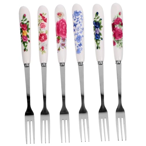 TOYANDONA 6 Stück Edelstahl Kleine Obstgabeln mit Keramikgriff Farbige Zweizinkige Dessertgabeln für Kuchen Früchte Snacks Wiederverwendbares Besteck Zuhause Bar Restaurant von TOYANDONA