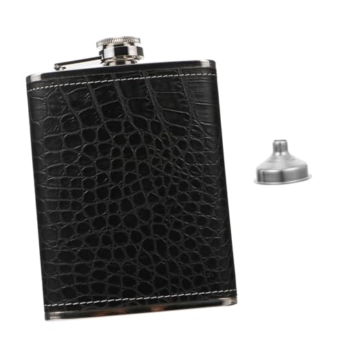 TOYANDONA Edelstahl Flachmann mit Trichter Tragbarer Outdoor Alkohol Flachmann Schwarzes Krokodilmuster Lederetui Vintage Mini Schnapsflasche Geschenkbox für Whisky und Likör von TOYANDONA