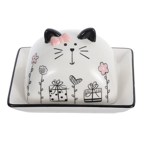 TOYANDONA Keramik Butterdose mit Deckel Cartoon Katze Butterdose Kühlschrank Butterbehälter Frischhaltend Vielseitig Küchenaufbewahrung Käse Dessertdose von TOYANDONA