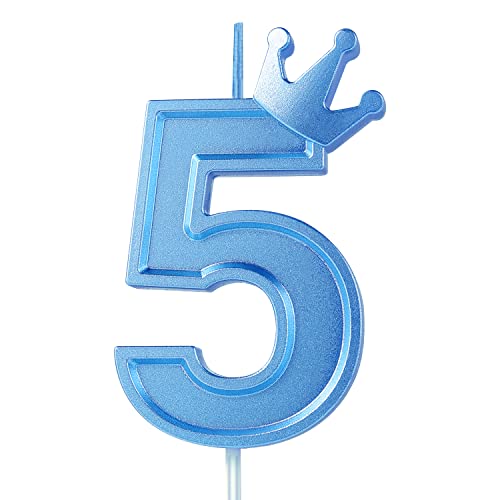 7,6cm Geburtstag Nummer Kerzen, Blau 3D Zahlen Geburtstagskerzen mit Krone Geburtstagskerzen für Torte Zahlen Kuchenzahlenkerzen für Geburtstag Jahrestag Partys (Blau, 5) von TOYMIS