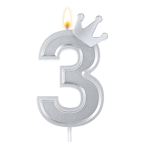 TOYMIS 7,6cm Geburtstag Nummer Kerzen, Kronen Kerze 3D Zahlen Geburtstagskerzen Tortenaufsatz mit Krone Kuchenzahlkerzen Zahlenkerzen für Geburtstag Jubiläum Partys (Silber, 3) von TOYMIS