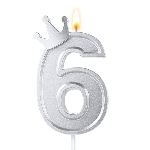 7,6cm Geburtstag Nummer Kerzen, Kronen Kerze 3D Zahlen Geburtstagskerzen Tortenaufsatz mit Krone Kuchenzahlkerzen Zahlenkerzen für Geburtstag Jubiläum Partys (Silber, 6) von TOYMIS