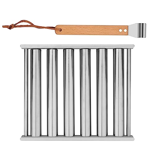 Edelstahl Hot Dog Roller für Grill + Metallspatel mit Langem Holzgriff, BBQ Wurstroller für Grill Platte 6 Rollen zum Halten von 5 Hot Dogs - Outdoor BBQ Essentials von TOYMIS