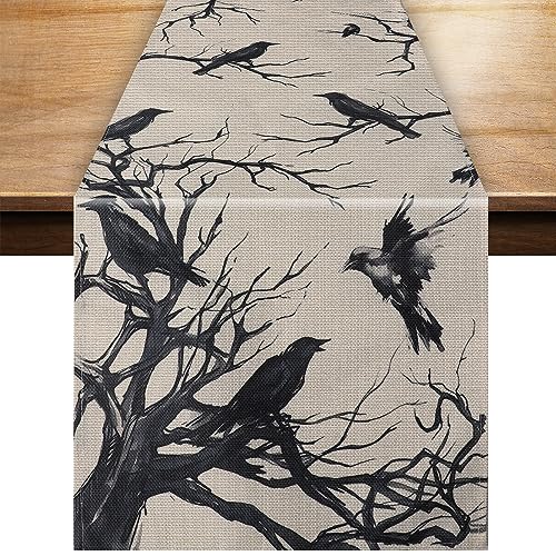 Halloween Tischläufer, 33x183cm Schwarzer Silhouettenbaum Rabe Halloween Tischläufer Halloween Deko Tischdecke für Küche Esstisch Zuhause Mottoparty von TOYMIS