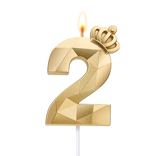Number Birthday Candle, 3.1inch/7.9cm 3D Number Candle with Crown Decoration Large Cake Topper Birthday Cake Number Candle for Wedding Anniversary Graduation Holiday Party (Gold, 2) von TOYMIS