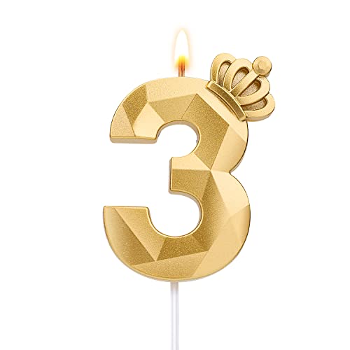 Number Birthday Candle, 3.1inch/7.9cm 3D Number Candle with Crown Decoration Large Cake Topper Birthday Cake Number Candle for Wedding Anniversary Graduation Holiday Party (Gold, 3) von TOYMIS