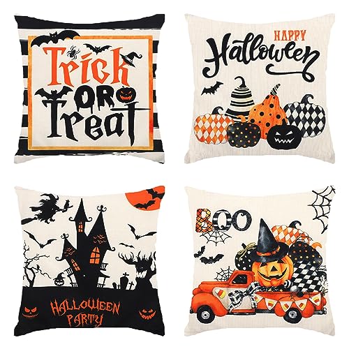 TOYMIS 4 Stück Halloween Kissenbezüge 45x45 cm Hexen- Fledermaus- Kürbis- Trick or Treat Kissenbezüge Leinen Halloween Wurfkissenbezüge für Bett Sofa Auto Partydekorationen von TOYMIS