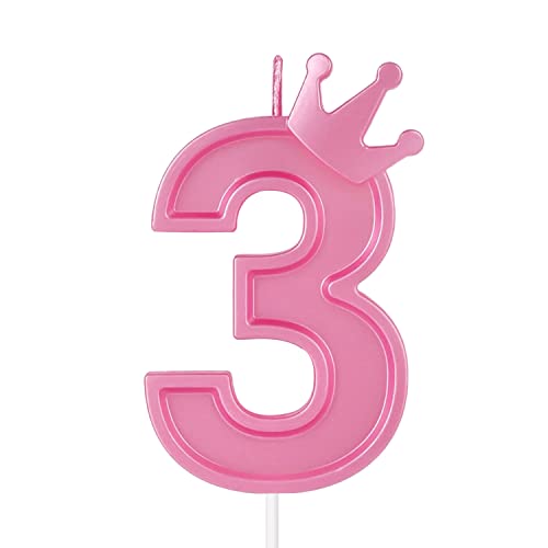 7,6cm Geburtstag Nummer Kerzen, 3D Zahlen Geburtstagskerzen mit Krone Geburtstagskerzen für Torte Zahlen Kuchenzahlenkerzen für Geburtstag Jahrestag Partys (Rosa; 3) von TOYMIS