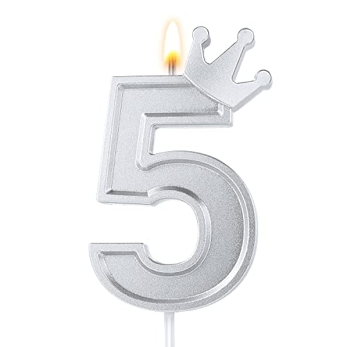 TOYMIS 7,6cm Geburtstag Nummer Kerzen, Kronen Kerze 3D Zahlen Geburtstagskerzen Tortenaufsatz mit Krone Kuchenzahlkerzen Zahlenkerzen für Geburtstag Jubiläum Partys (Silber, 5) von TOYMIS