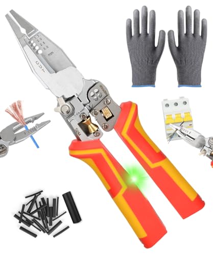 9 in 1 Abisolierzange mit Strommessfunktion, Multifunktionale Abisolierzange Inklusive Gummihandschuhe und Schrumpfschlauch, um Abisolieren, Wickeln, Spalten, Crimpen, Schneiden, Ziehen von TOYTOPIE