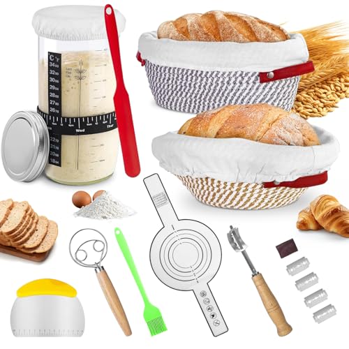 Brot Gärkörbchen Set, 14-Teilig Sauerteig Starter Set mit 2 Gärkörbe Rattan, Sauerteig Starterglas, Teigschaber, Brotbackform, Teigbesen, Silikonpinsel, Brot Backen Zubehör für Handwerkliches Backen von TOYTOPIE