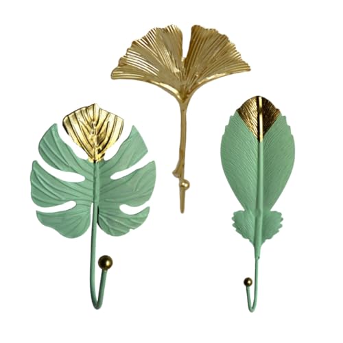 TOYZFRIENDY 3 Stück Garderobenhaken Blattform Kreative Praktische Wandhaken ohne Bohren Modische Kleiderhaken für Schlafzimmer Bad Küche Flur Bereich Einzigartiges Design in Grün und Gold von TOYZFRIENDY