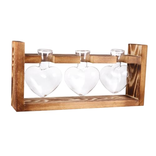 TOYZFRIENDY 3 Stück Teiliges Hydroponische Glasvasen mit Holzständer Retro Herzform Pflanzgefäße für Grüne Pflanzen Dekorative Blumenvase für Wohnzimmer Fensterbank Flur Deko von TOYZFRIENDY