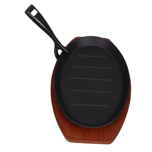 TOYZFRIENDY Gusseisen Grillplatte mit Holzunterlage Mini Bratpfanne für Steak Vielseitige Grillplatte für Herd Backofen und Outdoor Antihaftbeschichtete Oberfläche Gleichmäßige Hitzeverteilung von TOYZFRIENDY