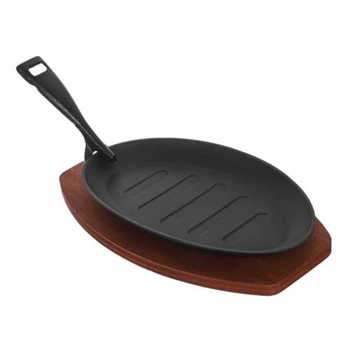 TOYZFRIENDY Gusseisen Grillplatte mit Holzunterlage und Gabel Hitzebeständig Gestreifte Grillspuren Vielseitig für Backofen Herd und Outdoor Bbq Professionelle Hitzeverteilung von TOYZFRIENDY